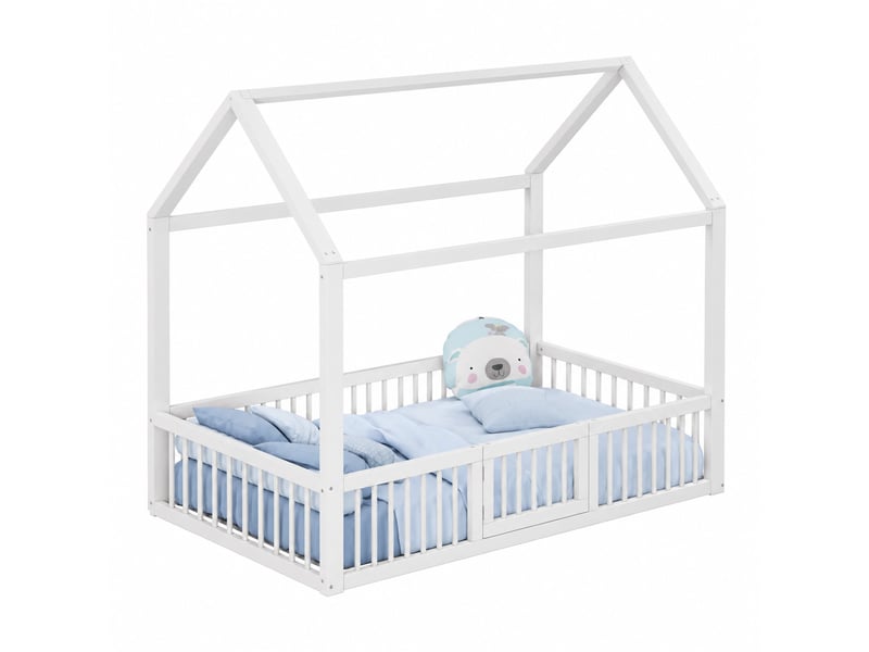  Lit enfant cabane 90x200 cm avec barrières et portillon, en pin et mdf, blanc  - Conforama A