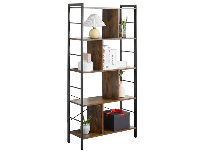  Bibliothèque industrielle à 5 niveaux avec compartiments ouverts, idéale pour le bureau, le salon et la chambre, coloris marron rustique et noir.  - Conforama A