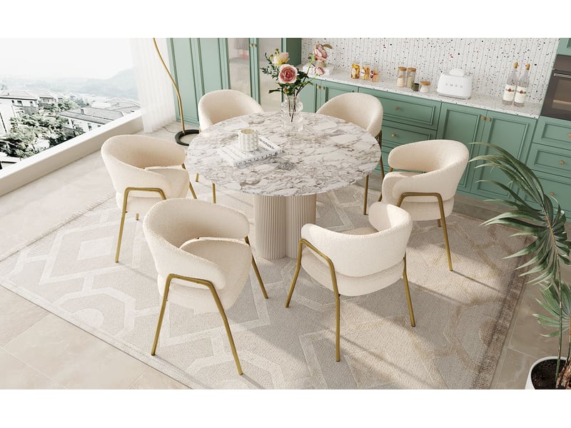  Chaises de salle à manger 6 pièces - ensemble de chaises modernes en tissu effet laine blanc avec pieds dorés, 49x48x78 cm  - Conforama B