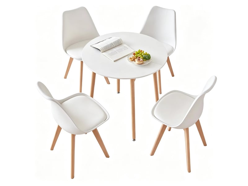  Ensemble table ronde et 4 chaises 80x80x75 cm bois blanc et bois  - Conforama A