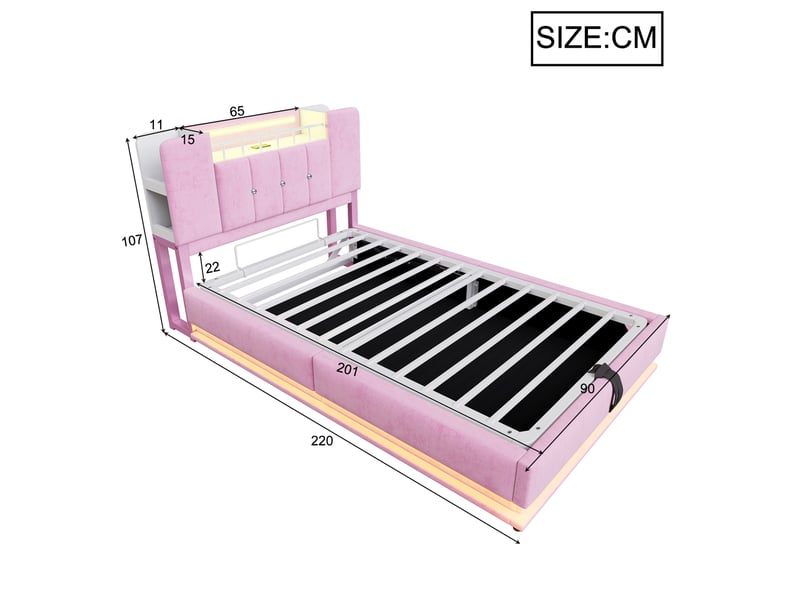 Lit enfant 90x200 cm avec led et port usb, rangement hydraulique en velours rose  - Conforama E