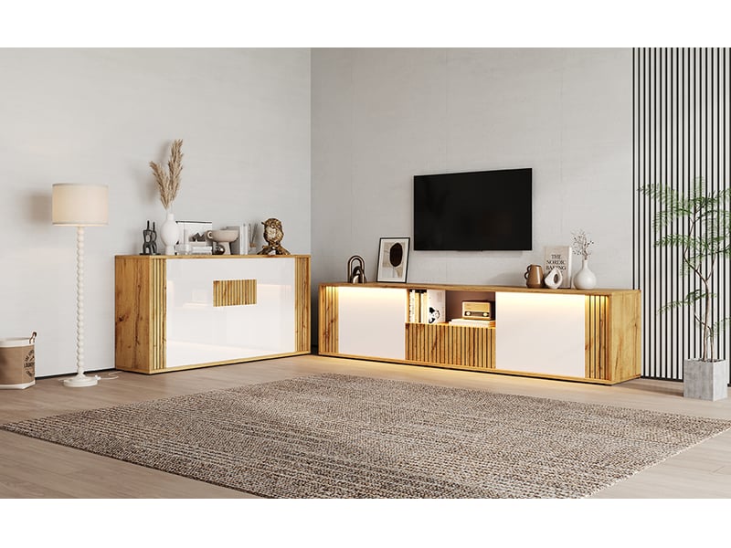 Ensemble meubles de salon 2 pièces, meuble tv 180 cm avec led bluetooth & buffet 140 cm, blanc brillant et bois, tv 75 pouces - Conforama D