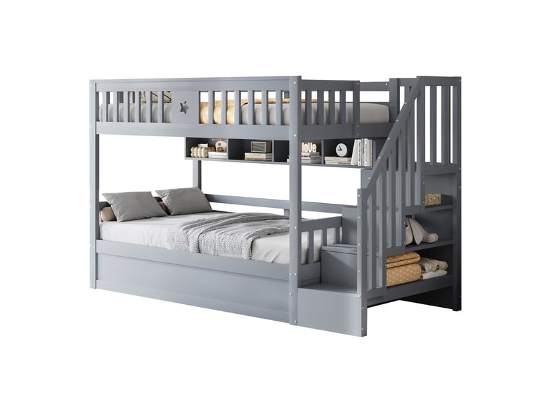  Lit superposé 90x200cm avec grand coffre hydraulique - lit superposé enfant - escalier, étagères, bois massif, sécurisé, gris  - Conforama E
