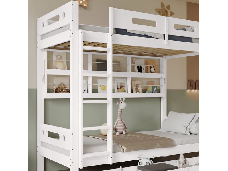  Lit superposé enfant 90x200 cm avec rangements blanc et naturel  - Conforama D