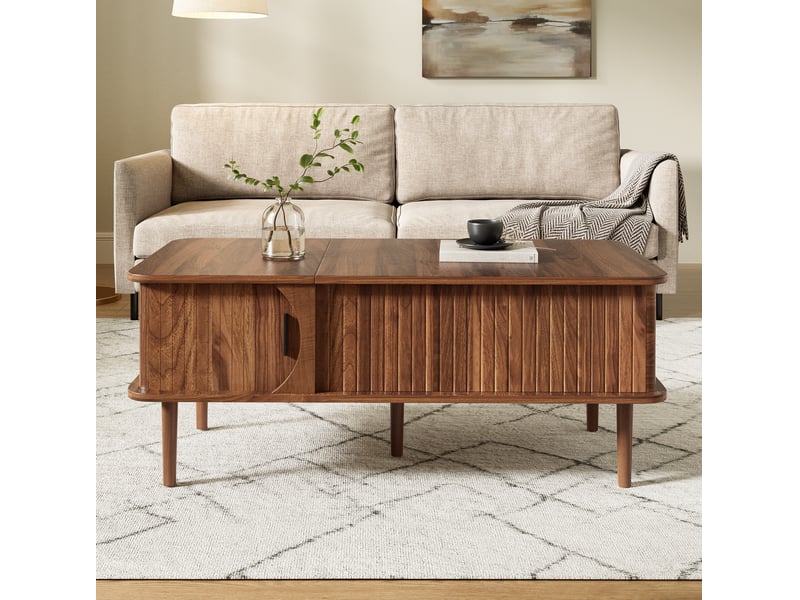  Table basse 100x48x55,5 cm, plateau escamotable, espace de rangement, style rétro, espace salon, salon, en mdf, noyer  - Conforama B