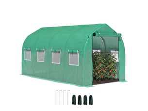 Serre tunnel de 4 x 2 x 2 m avec 8 fenêtres grillagées et une porte, idéale pour un potager sur une terrasse ou dans un jardin.