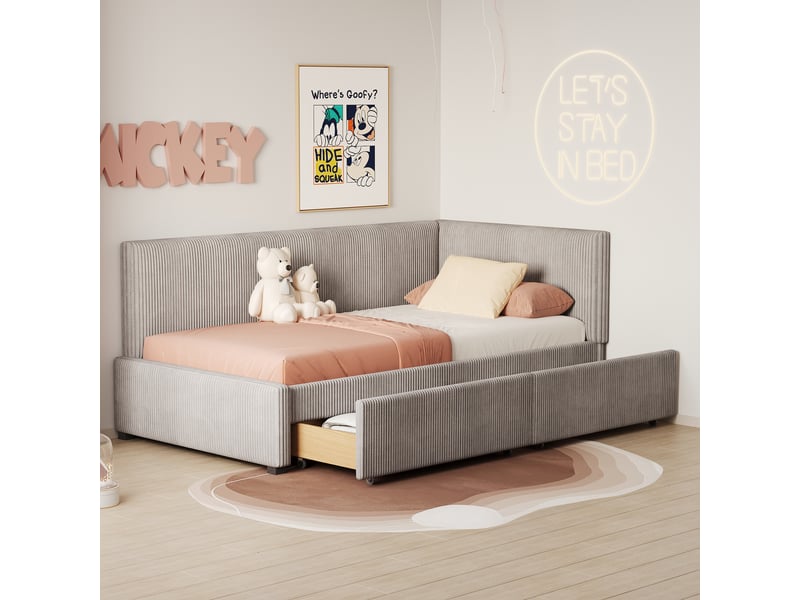 Lit enfant 90x200 cm rembourré avec 2 grands tiroirs et sommier à lattes, gris, en velours - Conforama C