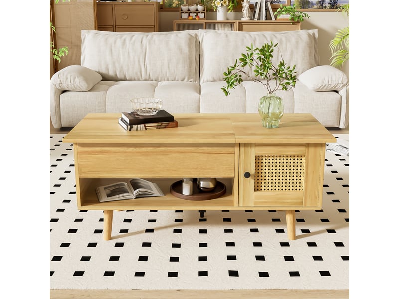  Table basse relevable bois et noir avec portes en rotin, 103x50cm, rangement caché pour salon  - Conforama B
