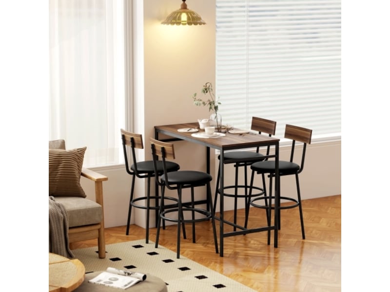  Table de bar 5 pièces avec 4 chaises – design industriel bois et acier – marron – cuisine &amp; salle à manger  - Conforama E