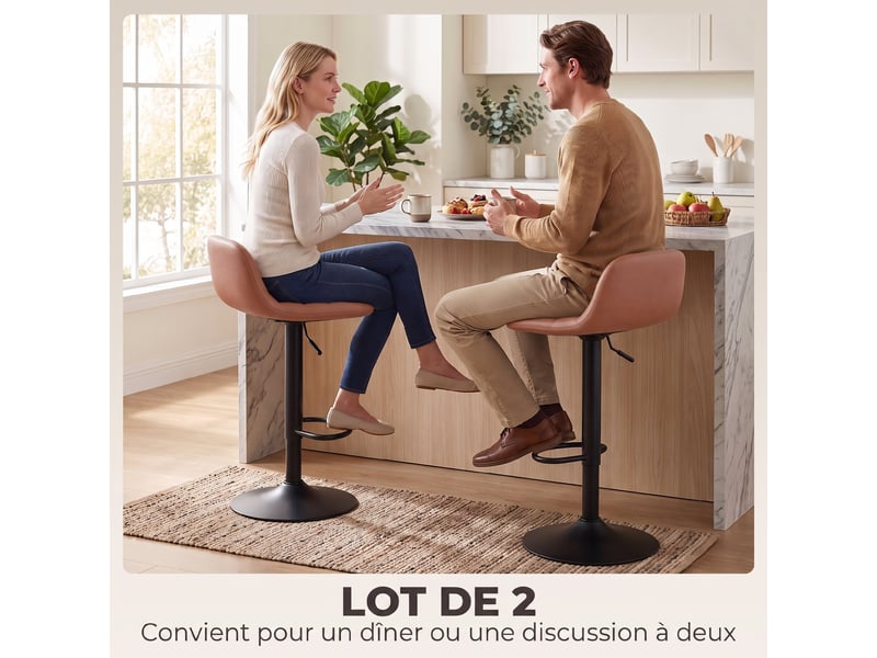  Lot de 2 tabourets de bar en cuir pu, rétro-industriel, hauteur réglable, 40x41,5x76-98cm, pivotant 360°, marron foncé  - Conforama A