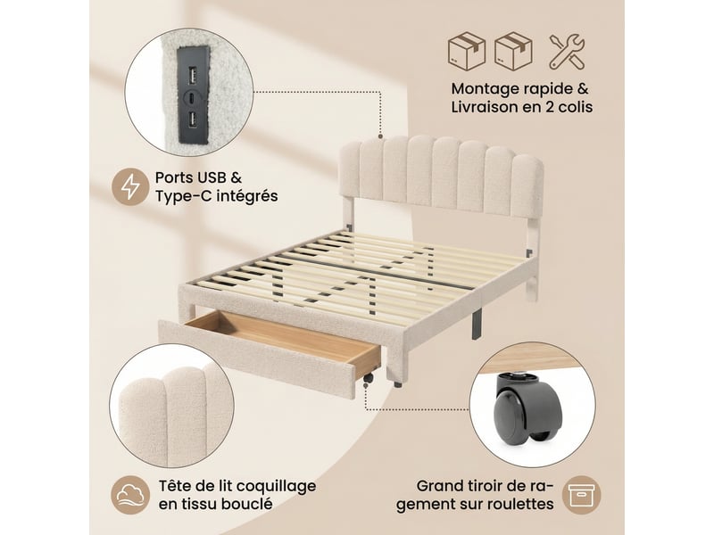  Lit avec tiroir 140x200 cm, lit double capitonné avec ports usbtype-c, tête de lit coquillage, lit adulte avec sommier en velours, style scandinave  - Conforama C
