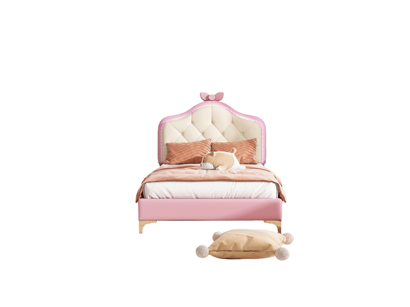 Lit enfant simple 90x200 cm tête ondulée nœud rose, avec led changeantes, pied métal, pu rose et blanc, sans matelas