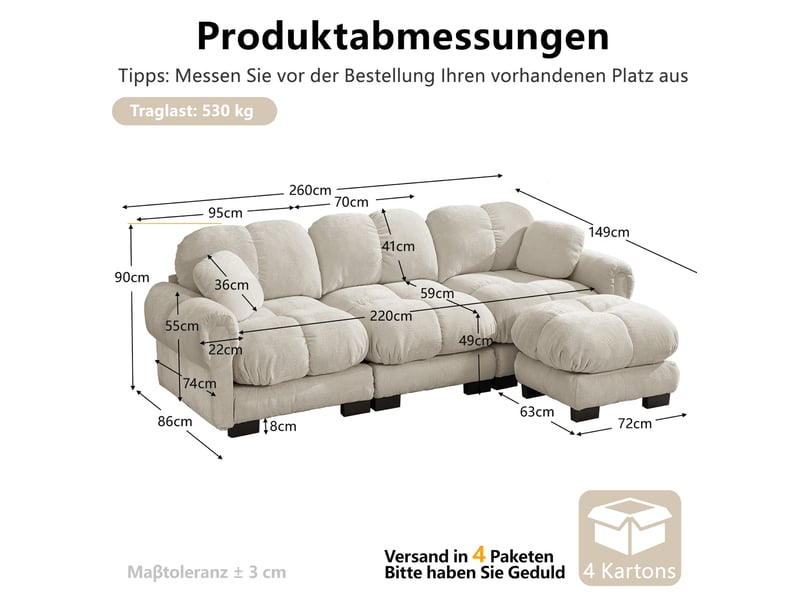  Canapé d'angle 3 places modenvie en l style nuage avec ottomane mobile, tissu chenille, 260 x 149 x 90 cm, kaki clair  - Conforama C