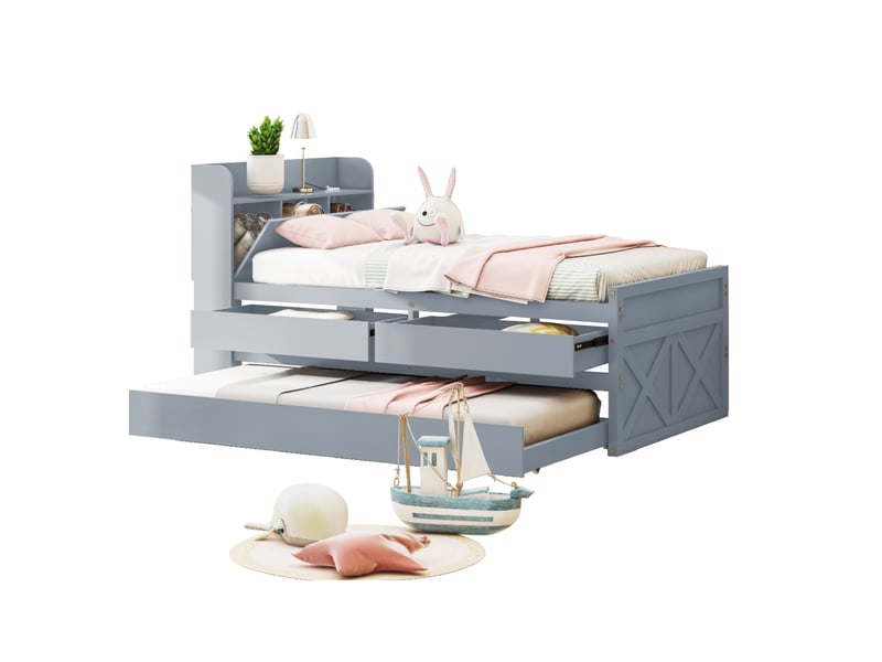  Lit gigogne 90x190 cm 2 en 1 avec tête rangement et 2 tiroirs, bois, gris, sans matelas  - Conforama D