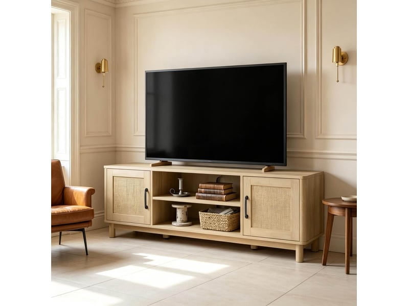  Meuble tv 135x39x45 cm avec 2 portes en rotin et passe-câbles, finition chêne  - Conforama B