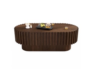 Table basse ovale 100x50x35,5 cm avec 1 tiroir, rangement caché, décor lamelles, salon, effet noyer