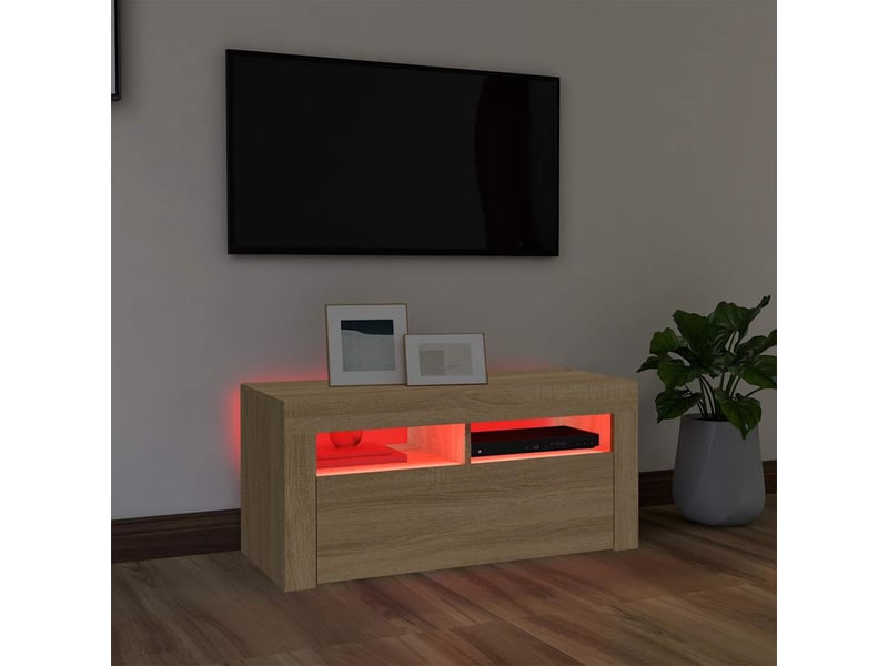  Meuble tv - banc tv - meuble de rangement avec lumières led chêne sonoma 90x35x40 cm  - Conforama E