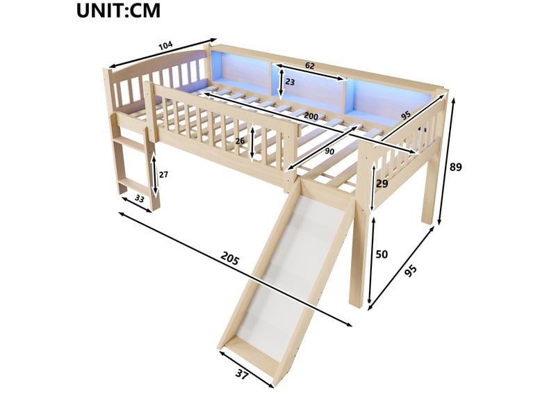 Lit enfant surélevé 90x200 cm avec toboggan, rangements, led et usb, coloris naturel, sans matelas  - Conforama C