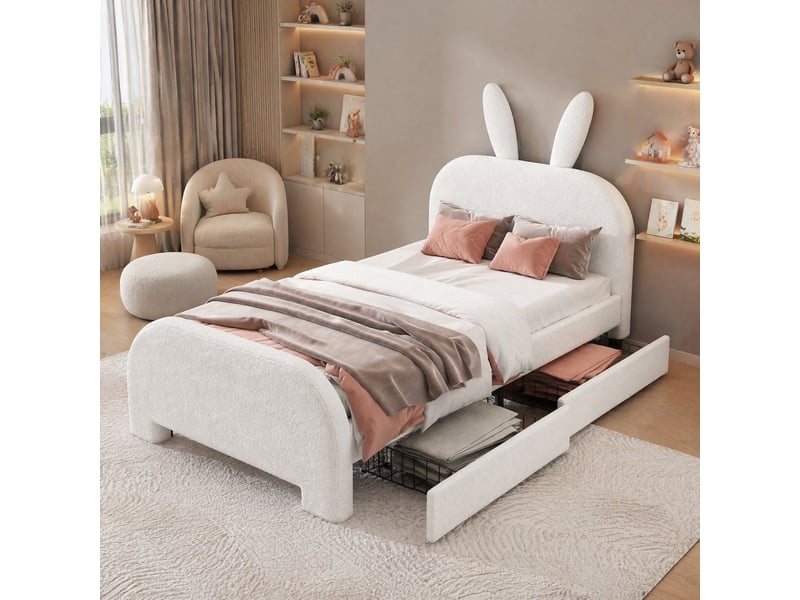  Lit enfant 200×90 cm avec tête de lit en forme de lapin et 2 tiroirs réversibles, en tissu peluche et mdf blanc  - Conforama B
