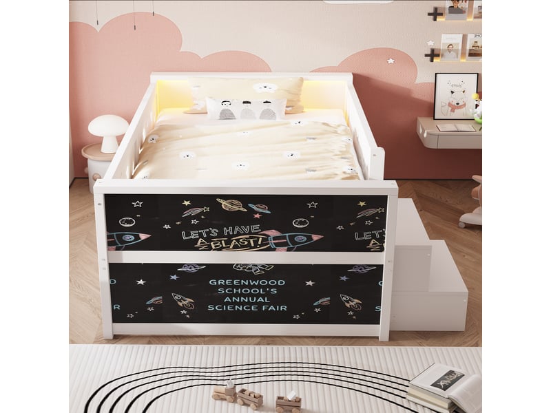 Lit simple enfant 90x200 cm - 4 tiroirs et rangement - tête de lit led - tableau noir, marchepied et barrières - blanc - Conforama B