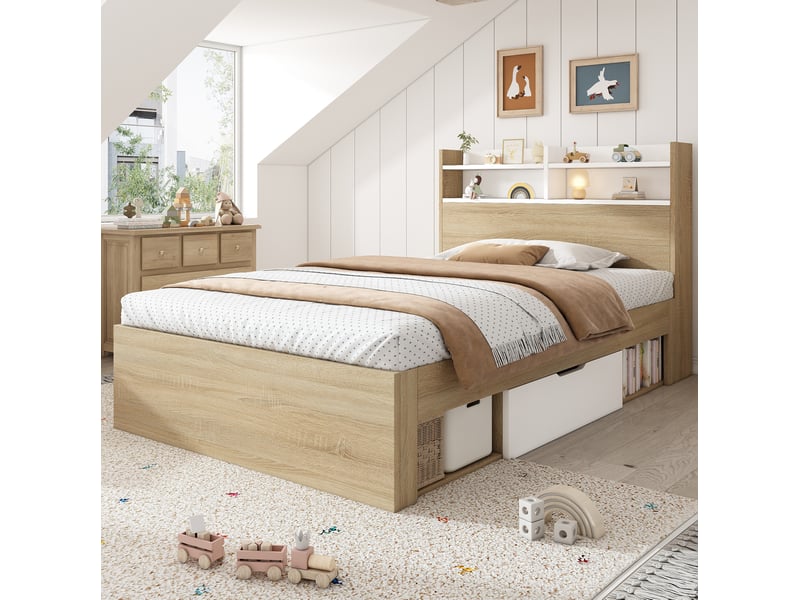  Lit simple 90x190 cm avec tête de lit, 2 tiroirs et rangements ouverts, bois, blanc et chêne, sans matelas  - Conforama D