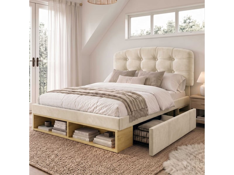 Lit rembourré 90x200cm, tiroirs et rangements, tête de lit réglable, sommier, velours beige, sans matelas C-DEGAYUN - Conforama B