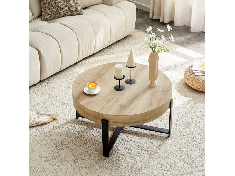  Table basse ronde avec plateau épais et structure croisée en métal, style industriel, pour salon, 68 × 36 cm  - Conforama B