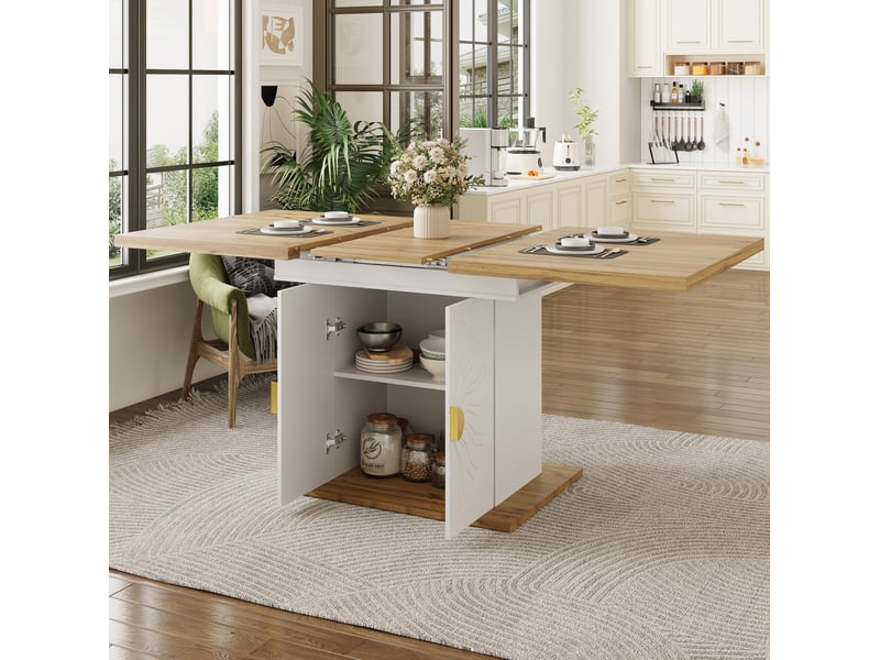  Table extensible rectangulaire 110-140 x 70 cm – blanc et bois clair – 2 étagères de rangement intégrées  - Conforama B