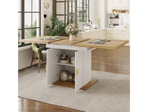 Table extensible rectangulaire 110-140 x 70 cm – blanc et bois clair – 2 étagères de rangement intégrées