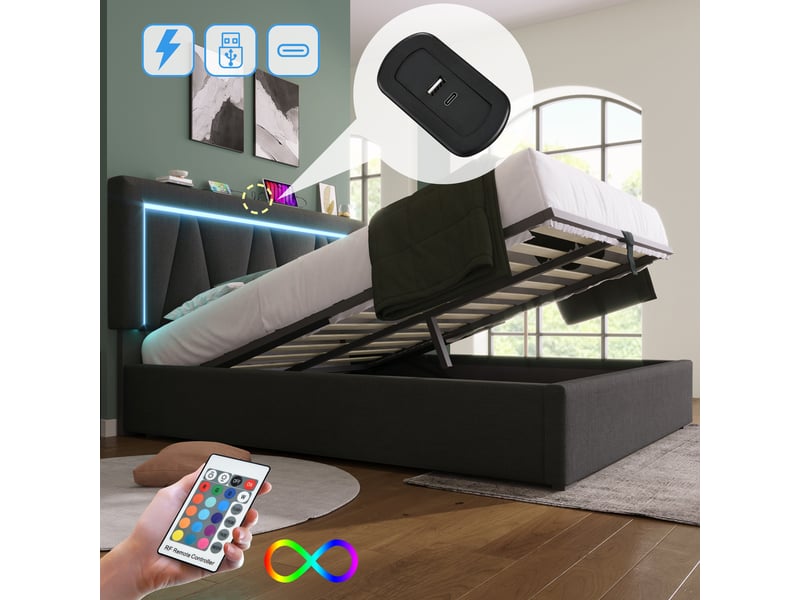  Lit rembourré rayofi 160x200 avec led intégrées, ports usb et chargeur type-c, sommier à lattes, cadre lin, matelas inclus ABMA434142G - Conforama D