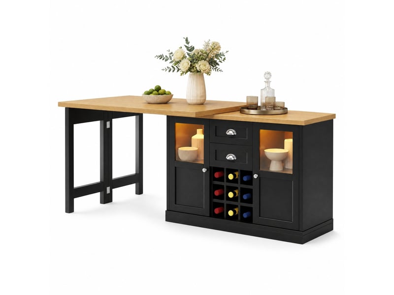  Table à manger extensible pivotante à 360° avec rangement et éclairage led - lpospi - mdf noir, 120 × 40 × 72 cm  - Conforama A