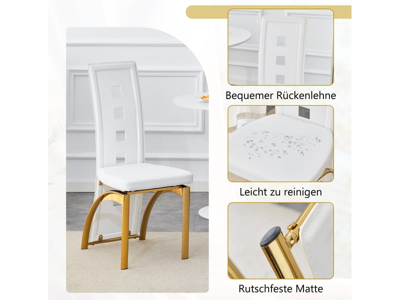 Chaise de salle à manger à dossier ajouré, assise rembourrée et patins en similicuir blanc et métal doré - Conforama E