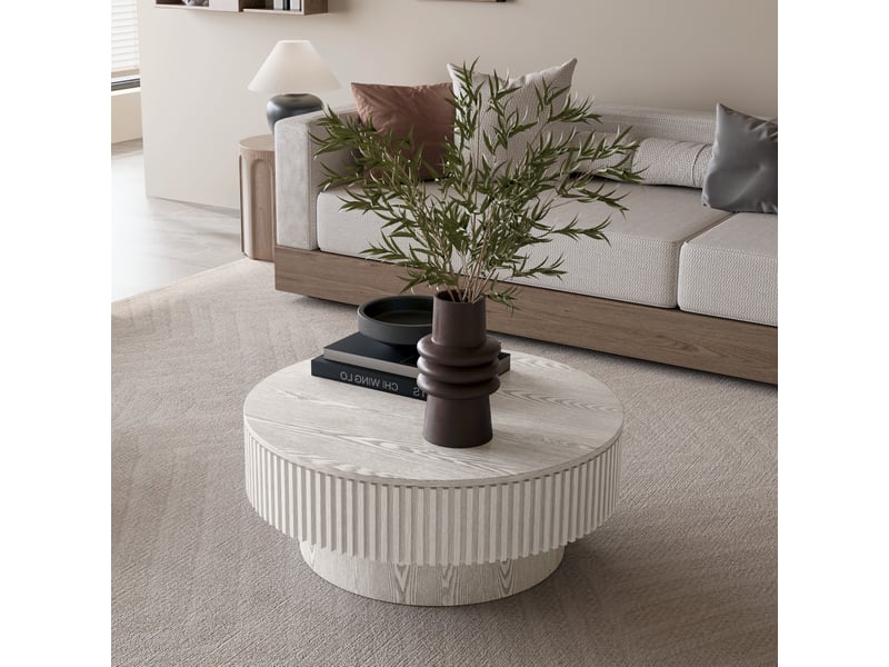  Table basse ronde avec coffre et décor cannelé blanc rétro 75 × 75 × 35 cm IKSETERA TRADING LTD - Conforama E