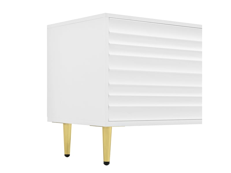  Meuble tv bas à 4 portes, 200 x 35 x 45 cm, avec niche ouverte, design sans poignées, façade texturée, pieds en métal, blanc  - Conforama E