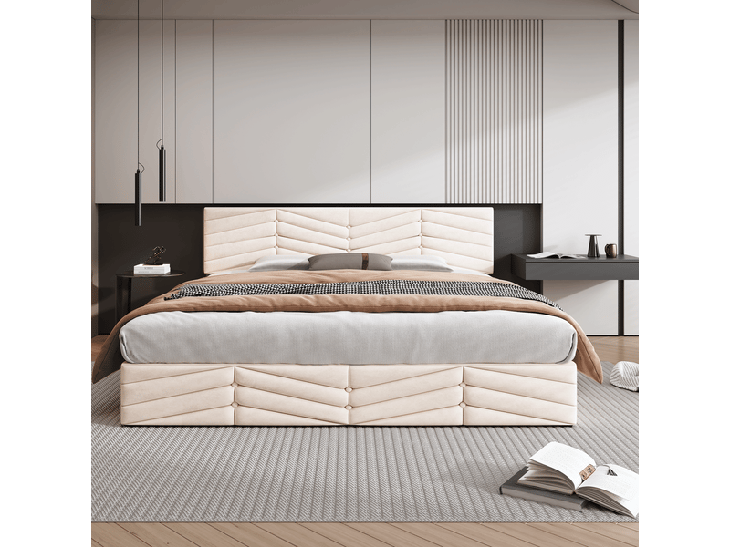 Lit coffre 180x200 cm velours beige - tête réglable, grand rangement, design contemporain - Conforama B