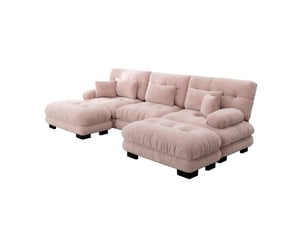 Canapé convertible modulaire 3 places en chenille rose avec ottomans mobiles - 313 x 145 x 81 cm