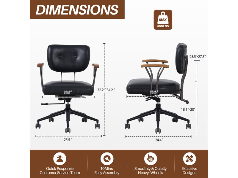  Fauteuil de bureau ergonomique 65x62x82-87 cm noir - chaise de bureau pivotante en cuir avec accoudoirs en chêne et roulettes  - Conforama B