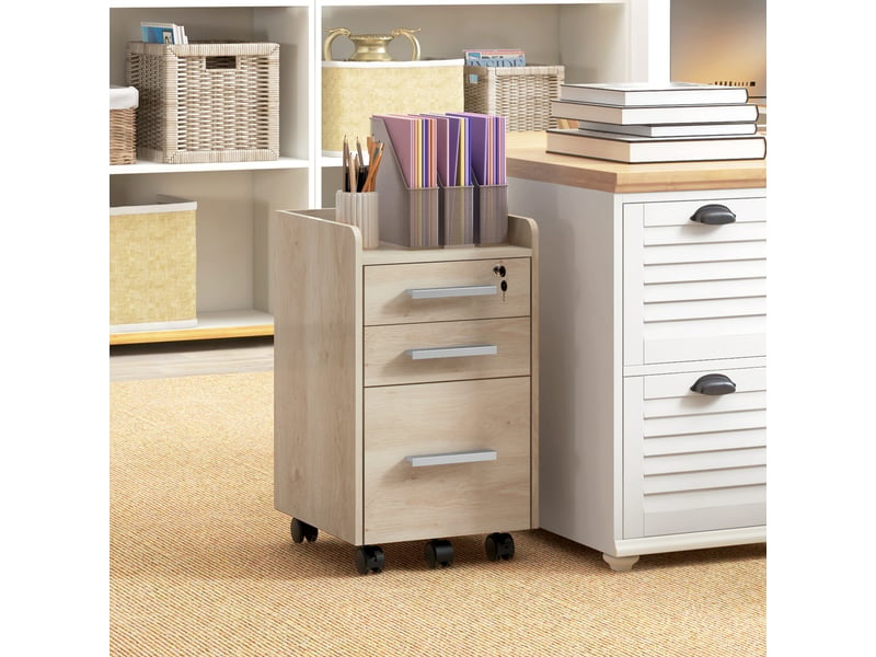  Caisson de bureau rangement bureau sur roulettes 3 tiroirs 1 verrouillable 1 trieur dossiers en bois beige  - Conforama C