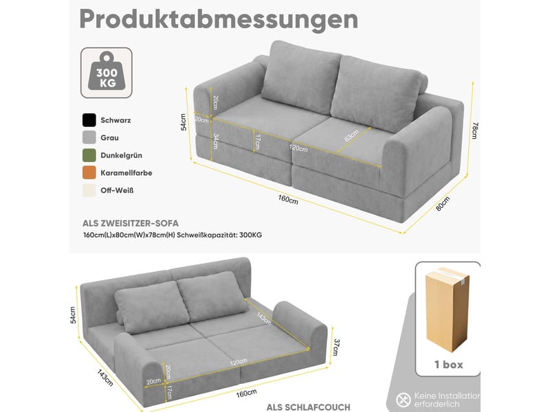  Canapé convertible pliant 160x80x78 cm 2 places, mémoire de forme, dossier, gain de place, flanelle gris  - Conforama C