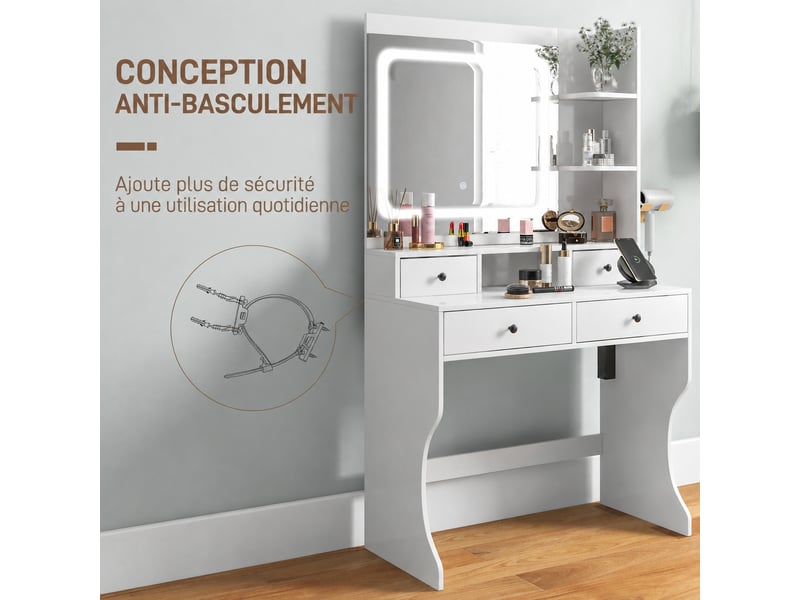  Coiffeuse blanche avec miroir led 3 teintes, 4 tiroirs, 4 étagères, 2 prises et 2 ports usb, 90 x 45 x 160 cm  - Conforama D