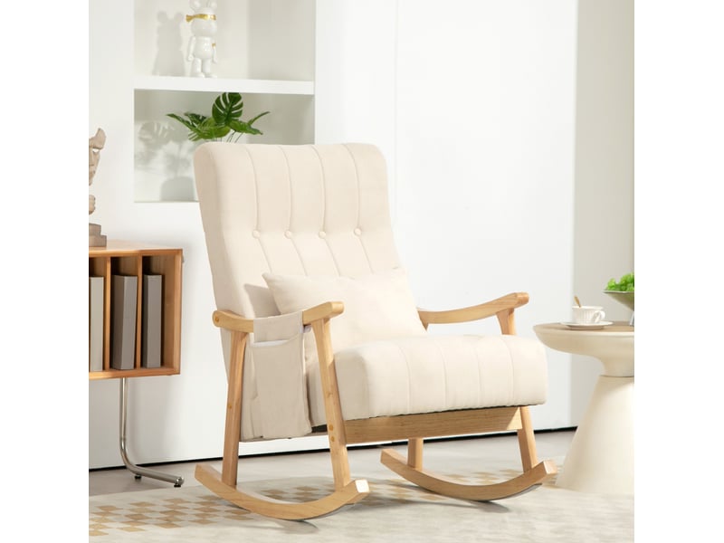  Fauteuil à bascule modenvie rembourré beige 90 x 65 x 98 cm avec coussin lombaire et poche latérale  - Conforama D