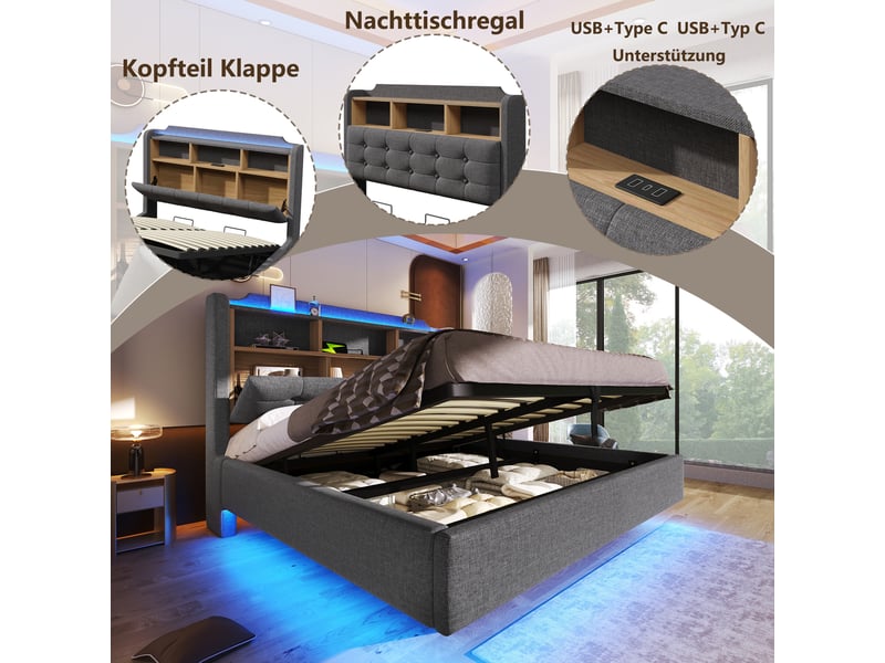  Lit capitonné 140 × 200 cm, gris, sans matelas, led, coffre hydraulique, usb type-c, lin  - Conforama D