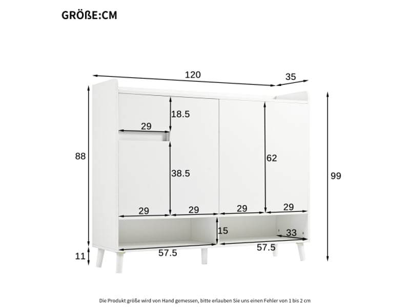  Meuble à chaussures blanc 120 x 35 x 99 cm, 4 portes, 1 tiroir, étagère réglable, meuble de rangement moderne  - Conforama C