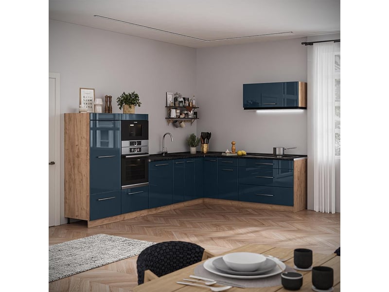  Vicco cuisine en angle, bleu foncé brillantchêne de force doré, 327 x cm, pt marbre  - Conforama C
