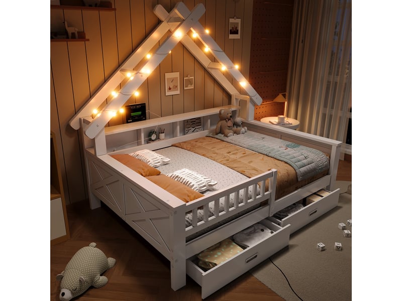  Lit maison 140x200 cm blanc, avec led, rangements, 2 tiroirs, garde-corps, structure bois, sommier inclus, sans matelas  - Conforama B