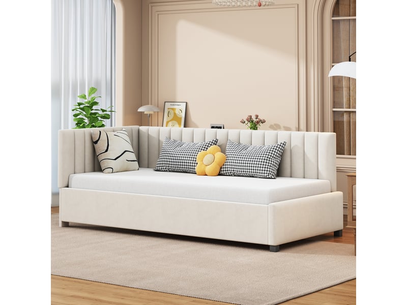  Canapé-lit enfant 90 x 200 cm avec sommier à lattes, cadre de lit 1 personne avec tete de lit rembourré, tissu velours, beige  - Conforama R