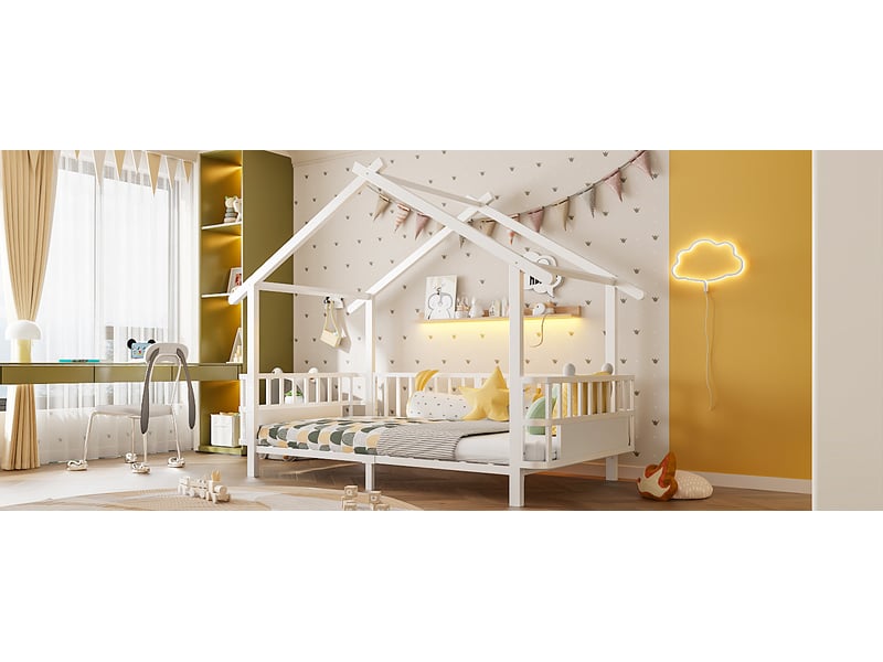  Lit cabane enfant 90 x 200 cm avec barrière de sécurité et toit décoratif, cadre en métal avec sommier à lattes, métal, blanc Morn Vibe - Conforama E