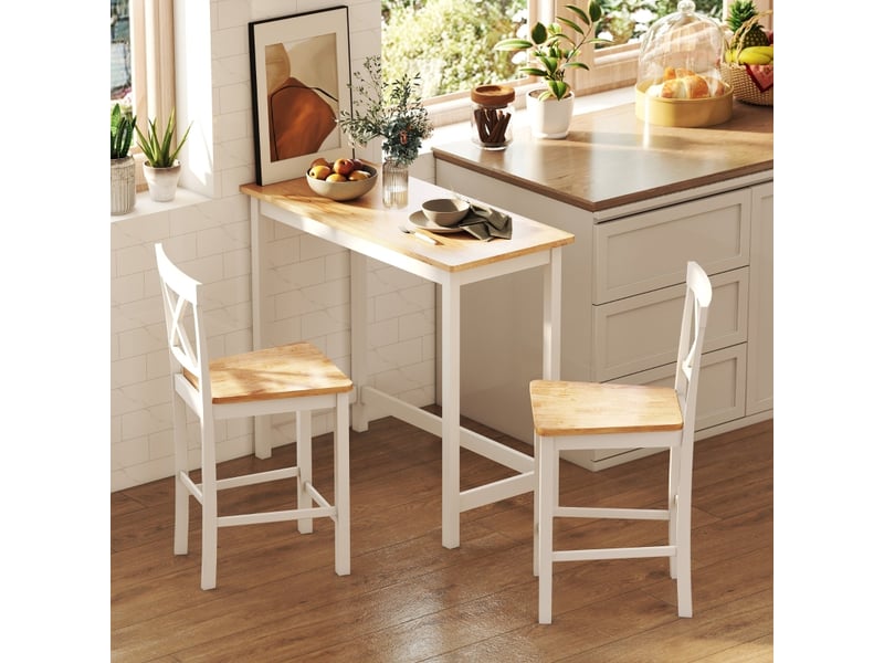  Table de bar avec plateau effet chêne et cadre blanc, pour 2 personnes, en bois d'hévéa, 108 × 48 × 91 cm  - Conforama C