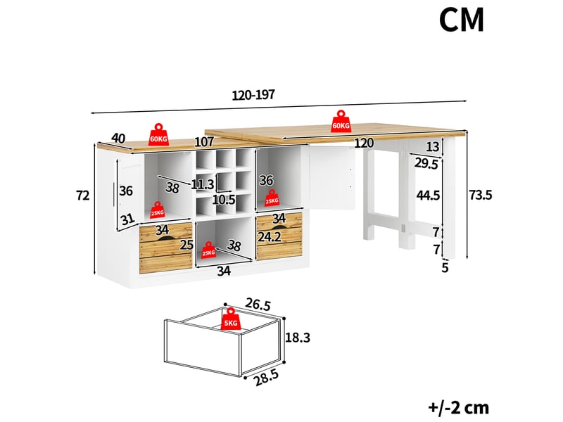 Table à manger extensible, 120-197x40x72 cm, avec buffet rotatif 360° grand espace, repas, pratique, mdf, coloris blanc  - Conforama C