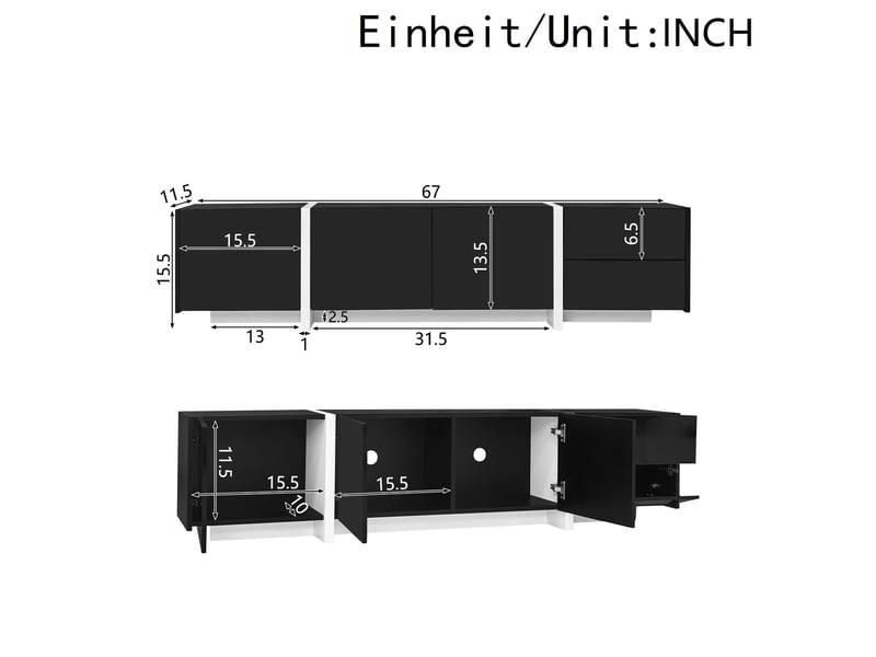  Meuble tv 170 cm noir brillant — rangements fermés, éclairage led intégré, design moderne  - Conforama C